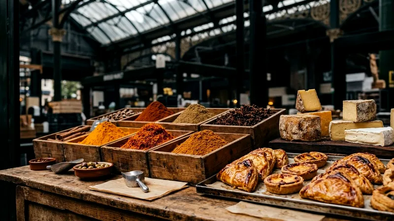 Spices, pastries and cheese displayed on a wooden counter at Borough Market.