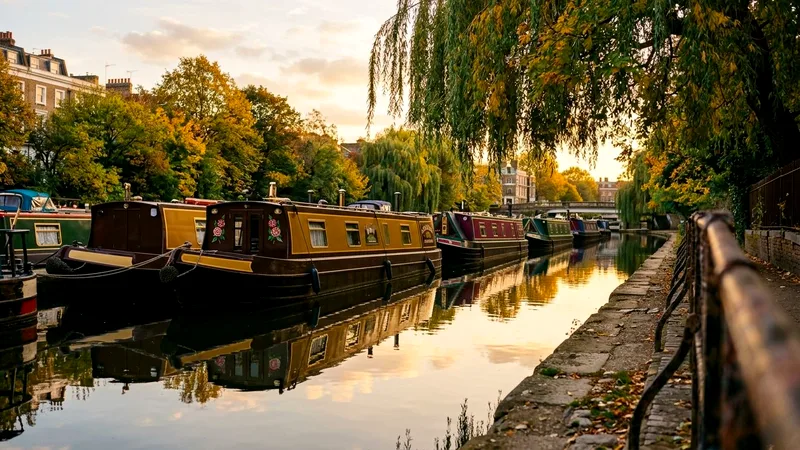 Painted narrowboats moored on Regent's Canal under autumn willow trees.
