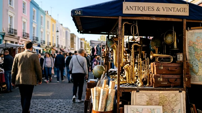 Antique stall with brass and leather goods on Portobello Road Market.